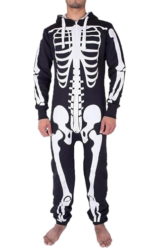 Unisex Skelett Jumpsuit Reißverschluss Halloween Kostüm mit Kapuze - Ganzkörper Knochen Druck Onesie für Erwachsene Party Cosplay & Dress Up von Party HuB