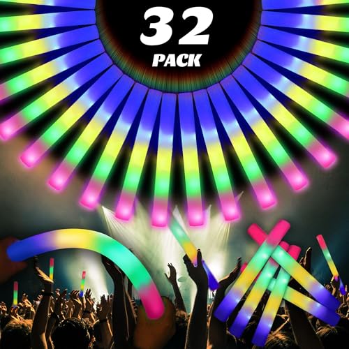 32 Stück Schaumstoff Leuchtstäbe LED, 40.6 cm Glow in the Dark Leuchtstab mit 3 Modi, Nachleuchtend Partygeschenk Packs für Hochzeit, Geburtstag, Weihnachten, Konzerte Partystab von Party Spot!