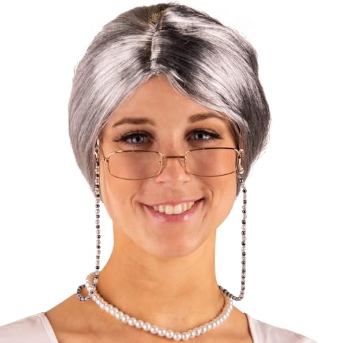 Oma Perücke Granny Grete Grau mit Brille & Brillenkette für Damen Kostüm-Zubehör Fasching Karneval von Party X People