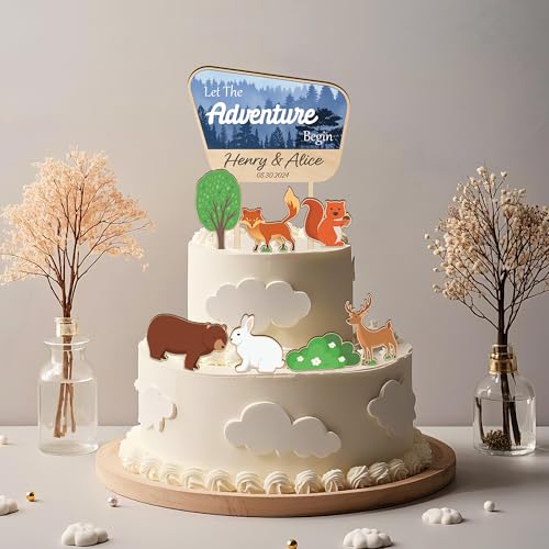 Party to Be Custom Hochzeit Topper Let the Adventure Begin 3D Nationalpark Kuchen Dekoration mit Personalisiert Namen und Datum Camping Hochzeit Topper in Holz und Weiß Acryl (Design 02) von Party to Be
