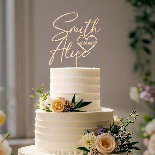 Party to Be Hochzeit Cake Topper Personalisiert Braut und Bräutigam Tortenstecker Custom Herz mit Namen und Daten Dekoration aus Holz (Design 01) von Party to Be