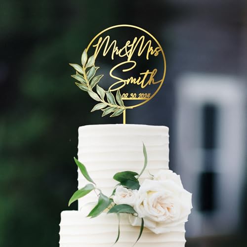 Party to Be Mr und Mrs Hochzeit Cake Topper mit grünen Blättern Personalisiert Name und Daten Custom runde Rahmen Kuchen Dekoration aus Acryl und Holz Party to Be Mr und Mrs Hochzeit Cake Topper mit grünen Blättern Personalisiert Name und Daten Custom runde Rahmen Kuchen Dekoration aus Acryl und Holz von Party to Be