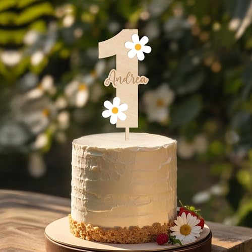 Party to Be Personalisiert Birthday Cake Topper in Holz und weißem Acryl Kuchendeko Gänseblümchen Nummer Geburtstagskuchen Topper erste Geburtstag Tortendeko (Design 01) von Party to Be