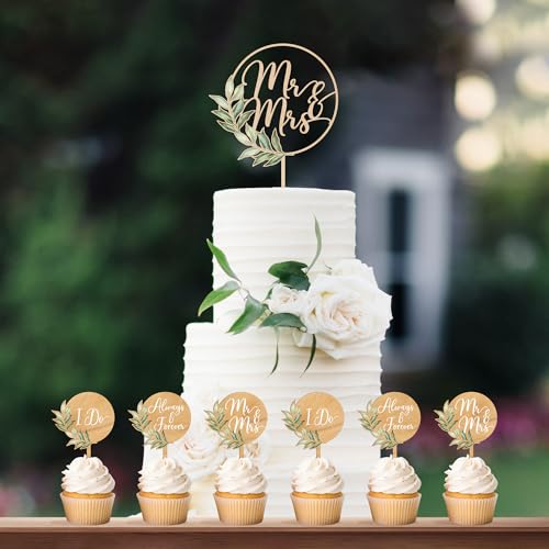 Party to be Mr&Mrs Cake Topper Hochzeit & 12 Stück Cupcake Toppers mit Grüne Blätter Hochzeitstorte Deko in Holz von Party to Be