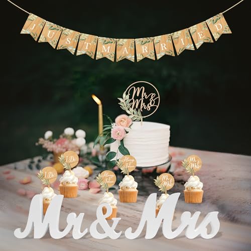 Party to be Mr&Mrs Cake Topper Hochzeit & 12 Stück Cupcake Toppers & "Just Married" Girlande & "Mr&Mrs "Schriftzug mit Blätter Hochzeitstorte Deko in Holz Party to be Mr&Mrs Cake Topper Hochzeit & 12 Stück Cupcake Toppers & "Just Married" Girlande & "Mr&Mrs "Schriftzug mit Blätter Hochzeitstorte Deko in Holz von Party to Be