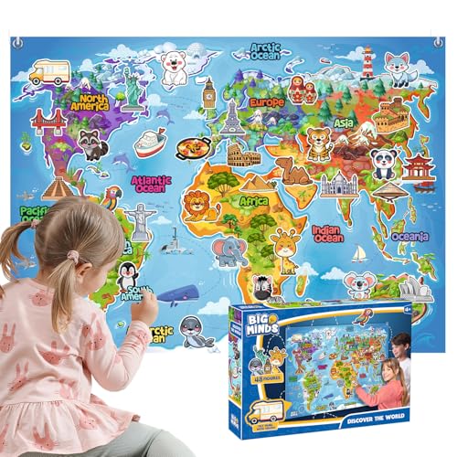 Party town Big Minds – Montessori Spielzeug Weltkarte für Kinder aus Filz | Lernspiel mit 48 Teilen & Wandbefestigung | Spielzeug ab 4 Jahre Junge & Mädchen Geschenke | Interaktive Weltkarte Kinder von Party town