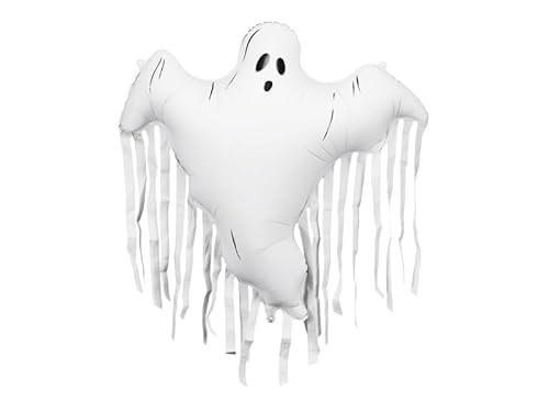 Folienballon Geist mit Fransen Creme und schwarzen Elementen – ca. 93 x 86 cm aufgeblasen, für Luft & Helium, wiederverwendbar, inkl. Strohhalm, Halloween Deko, großer Gespenst Ballon Party von PartyDeco