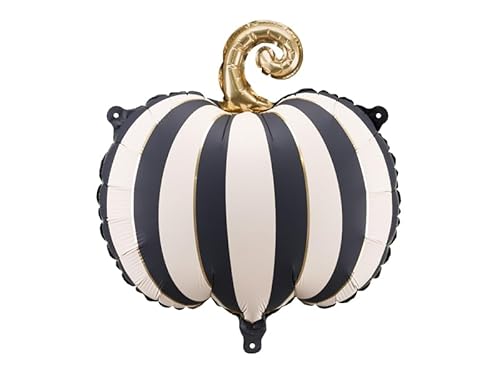 Folienballon Kürbis Creme-Schwarz gestreift mit goldenem Stiel – ca. 39 x 38 cm, für Luft & Helium, wiederverwendbar, inkl. Strohhalm, Halloween Deko Ballon, Herbst Party Dekoration, Kürbis Luftballon von PartyDeco
