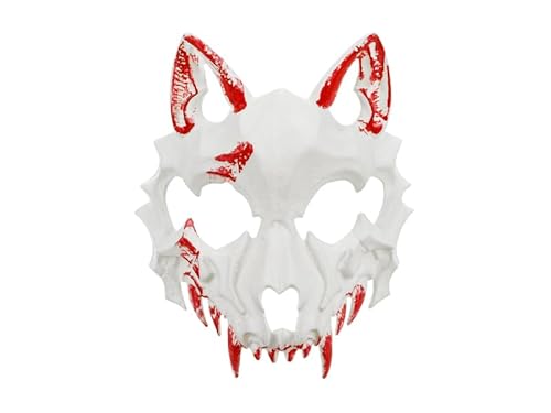 Halloween Maske Blutiger Wolf Weiß-Rot – ca. 17 x 20 cm, wiederverwendbar, Horror Maske für Erwachsene, Grusel Kostüm Accessoire, Tiermaske Wolf, Karneval Party Verkleidung, unisex Maskenkostüm Deko von PartyDeco