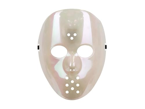 Halloween Maske Hockey Weiß Opal – ca. 20 x 24 cm, wiederverwendbar, Gruselmaske für Erwachsene, Horror Kostüm Accessoire, Hockeymaske, Karneval Party Verkleidung, unisex Maskenkostüm, glänzend von PartyDeco