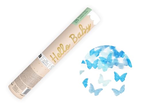 Konfettikanone Baby Geschlecht Junge Schmetterlingskonfetti 20cm x 24 Stk - 5 bis 8 m Effekthöhe - Konfetti Kanone Babyparty Gender Reveal Party - Partypopper Konfettiregen - Konfettibombe von PartyDeco