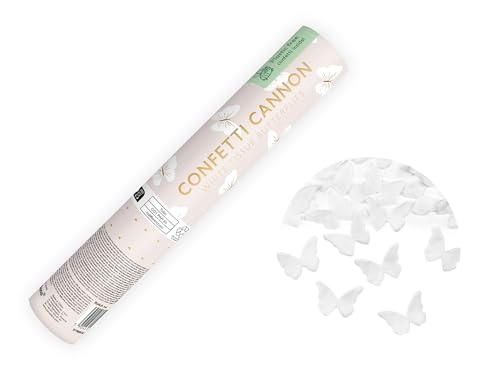 Konfettikanone mit Schmetterlingen 20cm x 24 Stück - 5 bis 8 m Effekthöhe - Konfetti Kanone Hochzeit Taufe - Party Popper - Konfettiregen Shooter - Konfettibombe - Weiß von PartyDeco