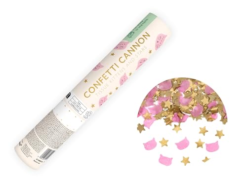Konfettikanone mit Sternen und Katzen 20cm x 24 Stück - 5 bis 8 m Effekthöhe - Konfetti Kanone Geburtstag Babyparty - Party Popper - Konfettiregen Shooter - Konfettibombe - Gold Rosa von PartyDeco