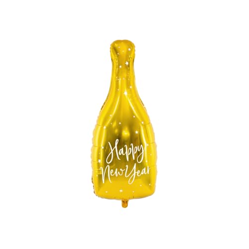 PartyDeco Folienballon Flasche in Gold mit weißer Aufschrift Happy New Year- Dekoration für Silvester Neujahr- Größe: 32x72 cm für Hel Luft Karneval Party Deko von PartyDeco