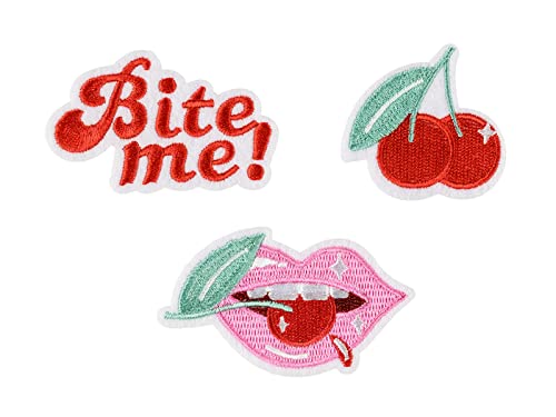 PartyDeco Gesticktes Set Bite Me Lips Cherry Fruit Selbstklebende Valentinstag Aufnäher mit gestickter Inschrift von PartyDeco