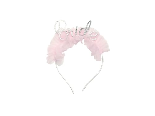 PartyDeco Haarreif Bride 17x18cmcm - Haarschmuck mit Rüschen für Frauen zum Junggesellinnenabschied - Kostüm Accessoire Fasching Karneval Halloween - Weiß Rosa Silber Irisierend von PartyDeco