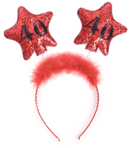 PartyDeco Stirnband mit Sternen und gedruckten Zahlen 40 Rot mit Fell Haarband für 40. Geburtstag Runde Geburtstag Gadgets Geburtstagsgeschenk Haarschmuck von PartyDeco