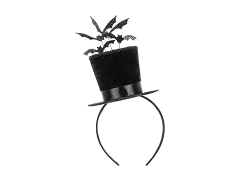 PartyDeco Halloween Haarband mit Zylinder und Fledermäusen – ca. 19 × 26 cm – Schwarz, Glitzer Kostümzubehör Fledermaus von PartyDeco