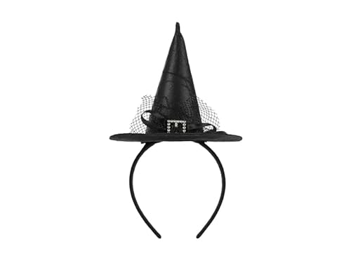 PartyDeco Hexenhut Haarreif – Mini-Hexenhut 17 × 28 cm – Schwarz mit Glitzerschleife – Halloween Accessoire Kostümzubehör von PartyDeco