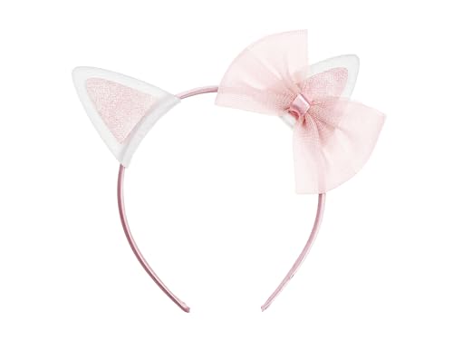 PartyDeco Katzenohren Haarreif mit Schleife 18x17cm 1 Stück - Haarreifen Katze - Kostüm Verkleidung Accessoire für Kindergeburtstag Mädchenparty Fasching Karneval - Rosa Weiß von PartyDeco