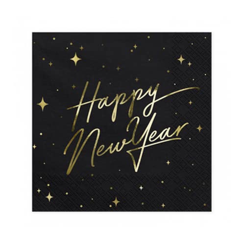 PartyDeco Papierservietten Happy New Year- Schwarze Servietten mit goldmetallischer "Happy New Year" Aufschrift - Schwarz/GoldSilvester Neujahr Party Dekoration Einweg Découpage von PartyDeco