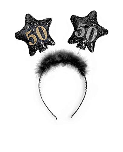 PartyDeco Stirnband mit Sternen und gedruckten Zahlen 50 Schwarz mit Fell Haarband für 50. Geburtstag Runde Geburtstag Gadgets Geburtstagsgeschenk Haarschmuck von PartyDeco