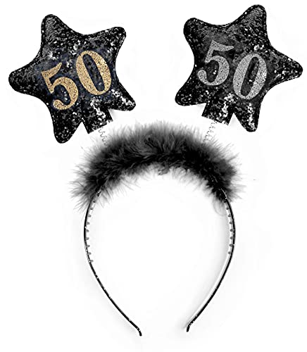 PartyDeco Stirnband mit Sternen und gedruckten Zahlen 50 Schwarz mit Fell Haarband für 50. Geburtstag Runde Geburtstag Gadgets Geburtstagsgeschenk Haarschmuck von PartyDeco