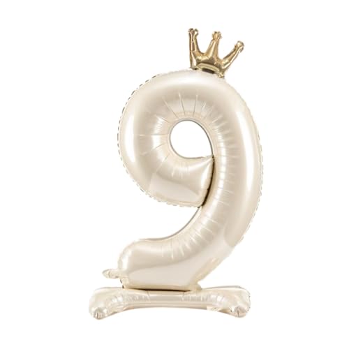 Stehender Folienballon Zahl „9“ – Hellcreme – mit Krone – 84 cm – Luftbefüllbar von PartyDeco