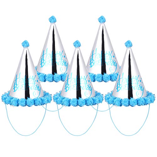 5 hellblaue Pompon-Hüte in Kegelform, glänzende Papierkappe, Geburtstagsbriefdruck, Partyhut, Dekoration für Bankett, Feier, Gastgeschenke von PartyKindom