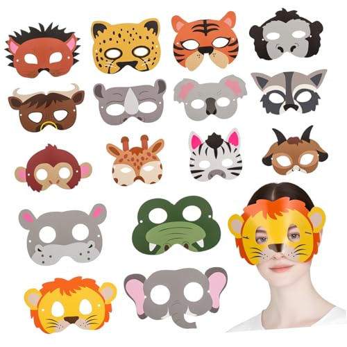 PartyKindom 16 Stück Teiliges Bunte Tiermasken aus Leichtem Papier Bequeme Kostümparty Masken für Erwachsene Dekorative Waldtiere Masken für Halloween Geburtstagsfeiern Cosplay und von PartyKindom