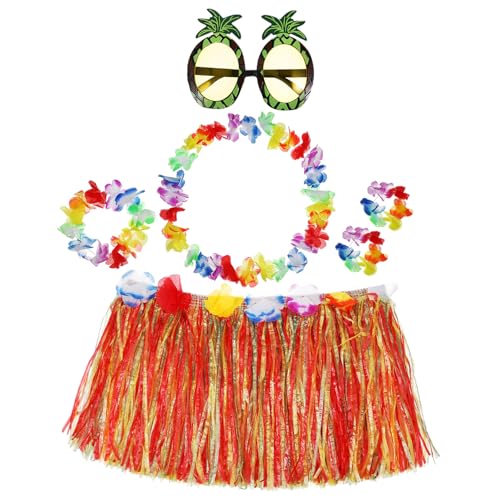 PartyKindom 1Satz Hawaiianisches Kostümset für Damen Teiliges mit Grasrock Bunten Blumenkränzen und Sonnenbrille für Luau Partys Strandfeste und Sommerveranstaltungen von PartyKindom