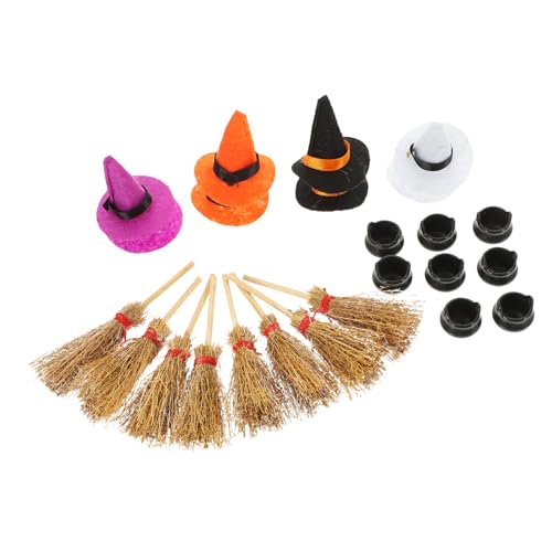PartyKindom 1Satz Mini Hexenhüte und Besen Halloween Dekoration für Puppenhaus Kleine Hüte und Besen zum Basteln für Halloween Themenpartys von PartyKindom