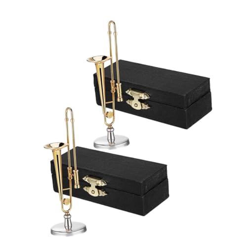 PartyKindom 2 Sätze Miniatur Posaune Metallmodell mit Koffer und Ständer Kleine Musikinstrument Nachbildung für Puppenhaus Dekoration und Reise Robust Glänzend und Tragbar von PartyKindom