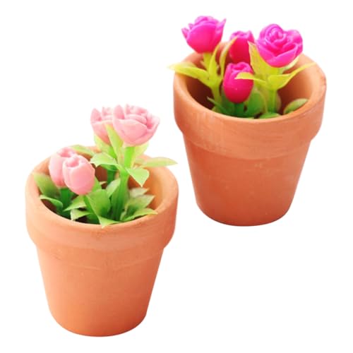 PartyKindom 2 Stück Miniatur Blumentopf Teilig Realistische Puppenhaus Dekoration mit Rosa und Pinken Rosen Glatte Oberfläche Kindgerecht für DIY Kreative Spiel und Lernprojekte von PartyKindom