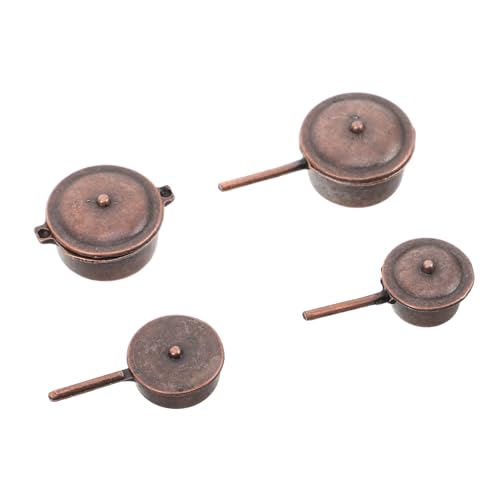 PartyKindom 4er Set Puppenhaus -Topf -Set Miniaturtöpfe Mini-kochgeschirr Für Mini-Herde Kindersimulation Pfannen Puppenhaus-miniaturen Mini-töpfe Für Dark Brown Metall von PartyKindom