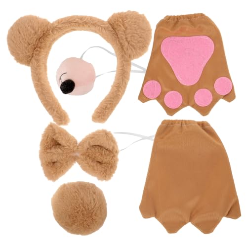 PartyKindom Cosplay Bärenkostüm mit Bärenohren Stirnband Schleife Bärenschwanz Nase und Handschuhen Kuscheliges Plüsch Accessoire für Karneval Halloween und Winter Warm und Vielseitig von PartyKindom