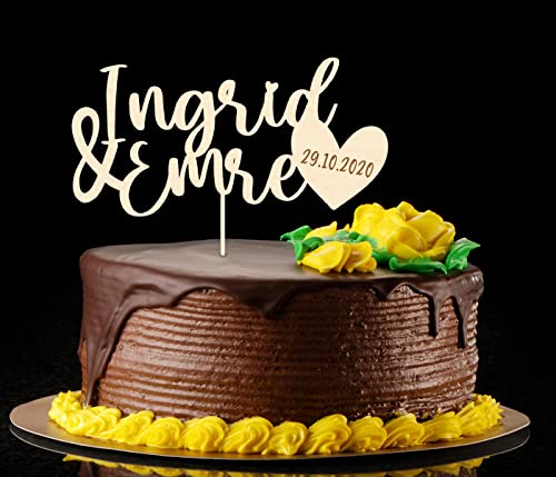 Cake Topper Hochzeit personalisiert mit Namen & Datum – Herz Tortendeko Holz Acryl – Liebe Verlobung Dekoration Hochzeitstorte Paare Geschenk von PartyMagix