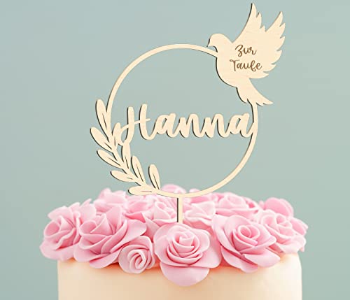 Premium Cake Topper Taufe mit Taube – personalisiert handgefertigt mit Name oder Datum – 15 cm – Tortenstecker für Taufe, Kommunion, Konfirmation – Holz Deko für Kuchen & Torte von PartyMagix
