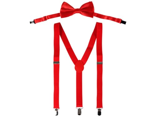 Hosenträger Set mit Fliege Unisex Y-Form 3 Clips One Size verstellbar elastisch Klassisch Modern für Herren und Damen Hochzeit Party Fasching Karneval Business Outfit Accessoire von PartyMagix