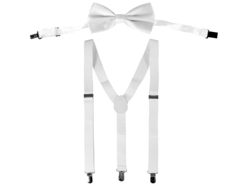 Hosenträger Set mit Fliege Unisex Y-Form 3 Clips One Size verstellbar elastisch Klassisch Modern für Herren und Damen Hochzeit Party Fasching Karneval Business Outfit Accessoire von PartyMagix