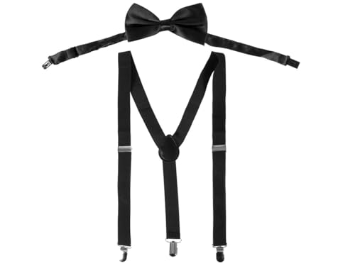 Hosenträger Set mit Fliege Unisex Y-Form 3 Clips One Size verstellbar elastisch Klassisch Modern für Herren und Damen Hochzeit Party Fasching Karneval Business Outfit Accessoire von PartyMagix