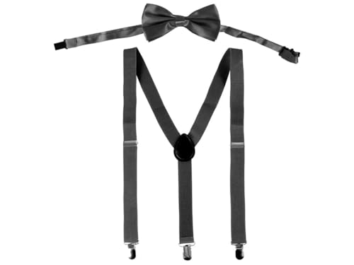 Hosenträger Set mit Fliege Unisex Y-Form 3 Clips One Size verstellbar elastisch Klassisch Modern für Herren und Damen Hochzeit Party Fasching Karneval Business Outfit Accessoire von PartyMagix
