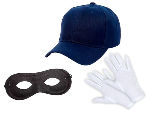 Panzerknacker Kostüm Set – Cap in Blau, Handschuhe & schwarze Maske – Fan Outfit für Karneval, Fasching, Halloween & Mottoparty – Räuber & Gauner Verkleidung von PartyMagix