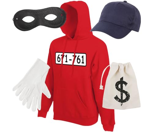 Panzerknacker Kostümset – roter Hoodie mit Basecap Navy, weißen Handschuhen, schwarzer Maske & Geldbeutel – Räuber & Gauner Verkleidung für Karneval, Fasching & Mottopartys Panzerknacker Kostümset – roter Hoodie mit Basecap Navy, weißen Handschuhen, schwarzer Maske & Geldbeutel – Räuber & Gauner Verkleidung für Karneval, Fasching & Mottopartys von PartyMagix