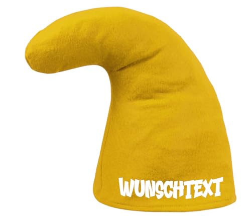 PartyMagix Personalisierte Zwergenmütze, Wichtel-Kostüm Mütze mit Wunschtext, Rot oder Gelb, 35 cm Höhe, 60 cm Durchmesser, für Fasching und Karneval (Gelb) von PartyMagix
