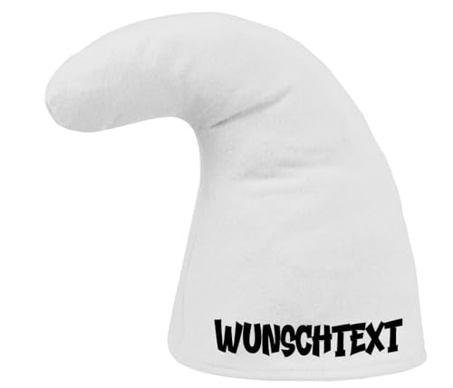 PartyMagix Personalisierte Zwergenmütze, Wichtel-Kostüm Mütze mit Wunschtext, Rot oder Gelb, 35 cm Höhe, 60 cm Durchmesser, für Fasching und Karneval (Weiß) von PartyMagix