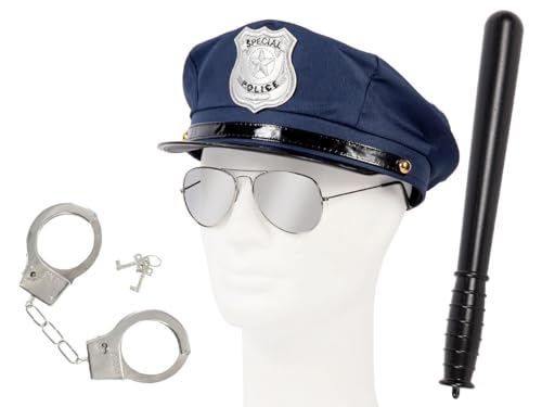 PartyMagix Polizei Set 4 teilig mit Polizeimütze verstellbar Pilotenbrille Silber verspiegelt Handschellen verchromt und Schlagstock KV-52 von PartyMagix