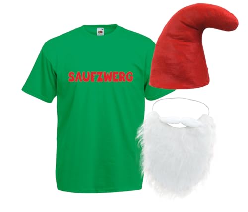 Saufzwerg Kostüm Set Bart Mütze JGA Party Bier Sauf Verkleidung - Rundhals, 100% Baumwolle - Das trinkfeste Kostüm von PartyMagix