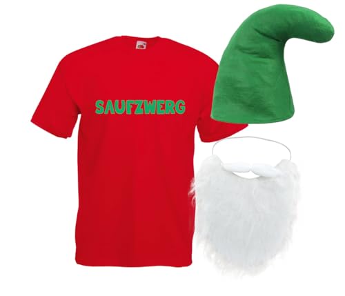 Saufzwerg Kostüm Set Bart Mütze JGA Party Bier Sauf Verkleidung - Rundhals, 100% Baumwolle - Das trinkfeste Kostüm von PartyMagix