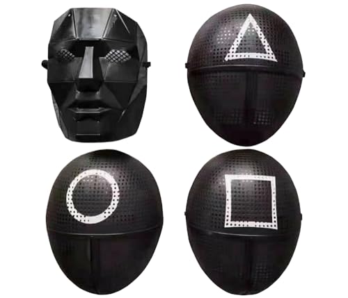 The Game Maske – Halloweenmaske & Horrormaske im Korean Style – Karnevalsmaske mit Symbol Kreis, Quadrat oder Dreieck, Boss Maske, 4er Set oder roter Overall – Party & Kostüm Zubehör von PartyMagix